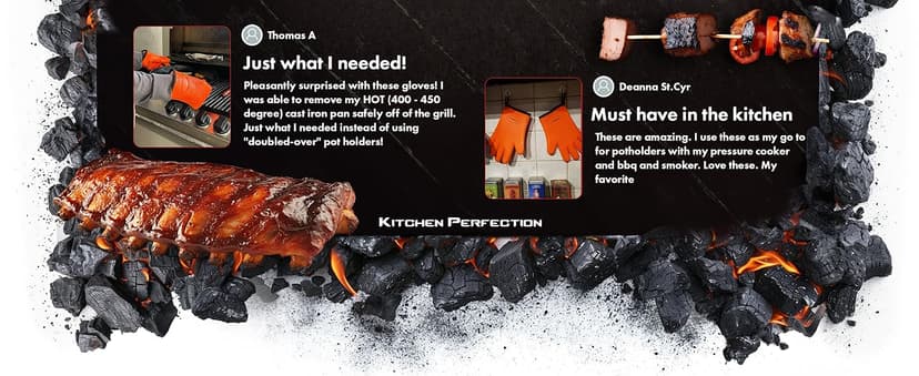 Kitchen perfection Silicone Smoker Oven Gloves -Extreme Heat Resistant BBQ Gloves -Handle Hot Food Right on Your Smoker Grill Fryer Pit|Waterproof Oven Mitts Grill Gloves |Superior Value Set+3 Bonuses