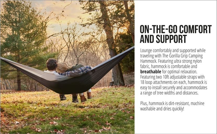 GORILLA GRIP Durable Portable Camping Hammock, Holds 400lbs with Heavy Duty Tree Straps, Comfortable Travel Swing, Camp Hammocks, Easy to Use and Install, Outdoor Essentials, Orange, 10x6.5 FT