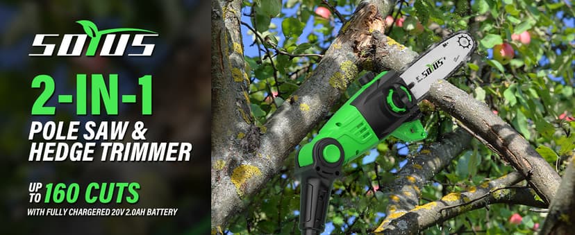 SOYUS Pole Saw 8-Inch Cordless and 18-Inch Pole Hedge Trimmer 2-in-1, 15-Foot Max Reach Pole Saw for Tree Trimming, 16ft/s Speed, Auto Oiling, Multi-Angle Pole Chainsaw with 2.0Ah Battery & Charger