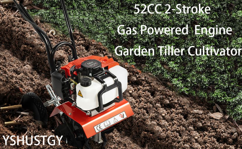 Garden Tiller Cultivator,52CC 2-Stroke Gas Powered Engine Rototiller Garden Tool with Widened Mud Flap Cordless with Long Handle Strong Power Garden Cultivator for Plowing Turning Soil Ditching
