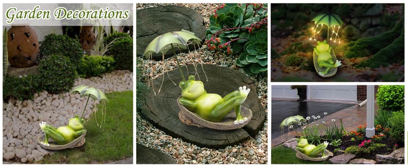 Solar Frog Garden Decor Outdoor Statue - Frogs Umbrella LED Waterproof Sculptures Lights, Cute Frog Pond/Yard Statues Outside Decoration, Home, Lawn, Patio, Resin Animal Ornament, Women/Gardening Gift