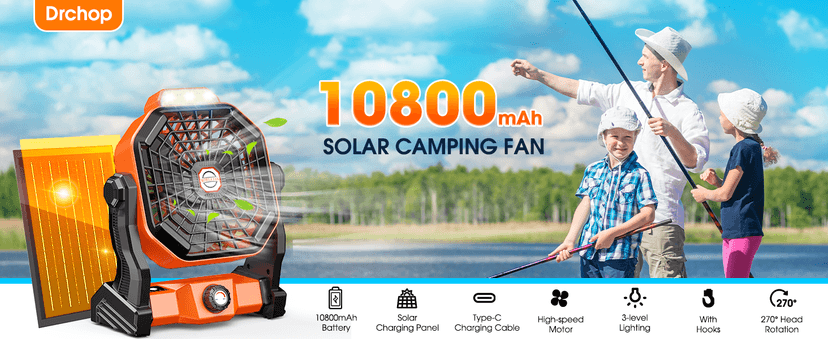 10800mAh Solar Powered Fan, 7W Solar Camping Fans & Led Lantern, 8-inch Rechargeable Fan with Solar Panel, Battery Operated Powered Outdoor Tent Fans for Camping Essentials Accessories
