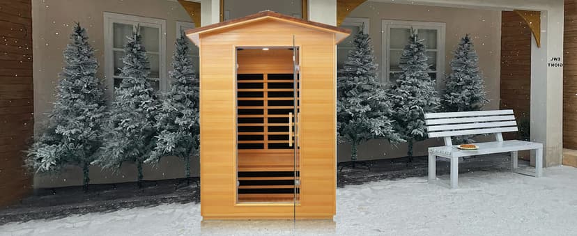 Outdoor Sauna 2 Person Far Infrared Saunas Dry Home Sauna Room Hemlock 1 to 2 Person Wood Sauna 1950W/110V Low EMF with Bluetooth Speaker, Reading Light, Cup Holder and Towel Rack - 47*39*82 IN