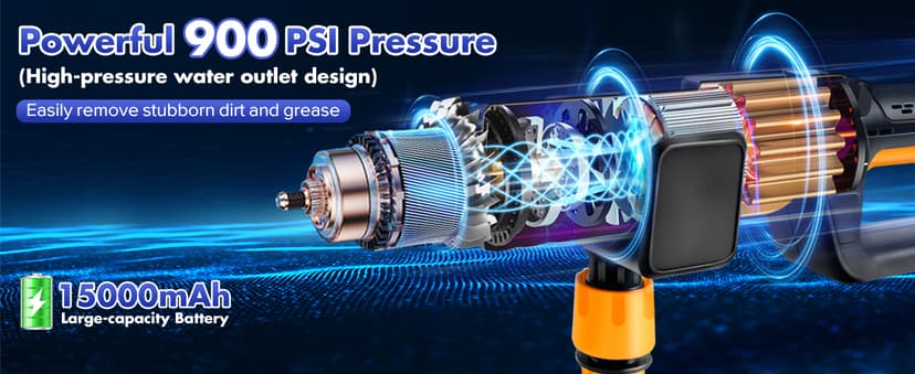 Upgrade 900PSI Cordless High Pressure Washer Gun, 15000mAh Battery Powered Pressure Washer with 6-in-1 Adjustable Nozzle, Portable Handheld Power Washer for Car, Home Cleaning & Garden Watering