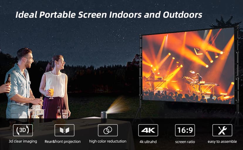 150"-Projector-Screen-with-Stand,HUANYINGBJB Outdoor Projection Screen, Portable 16:9 4K HD Rear Front Movie Screen with Carry Bag for Theater Backyard Movie Night,Cinema School, Churches, Parties