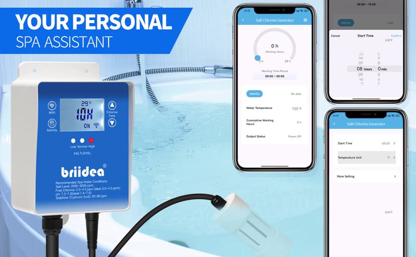 WiFi Salt Chlorine Generator, Briidea Chlorine Generator with USA Titanium Salt Cell, Designed for Hot Tubs & Swim Spas Up to 2,000 Gallons, Advanced APP Remote Control