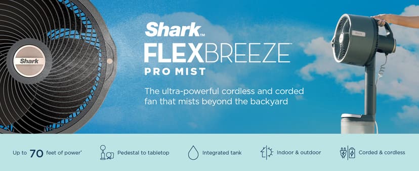 Shark FlexBreeze Pro Mist Fan — Indoor & Outdoor, Integrated Misting, Pedestal to Tabletop, Corded or Cordless, Up to 24-Hr Battery, Oscillating, White, FA302WH (2025 Release)