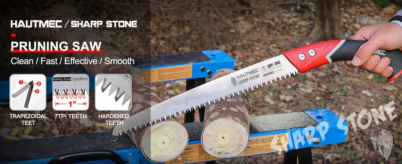 HAUTMEC 12" Pruning Hand Saw, A Pull Stroke Saw with Straight SK5 Steel Blade, Trapezoidal Teeth and Scabbard, for Pruning, Woodworking, Sharp Stone Series, HT0305