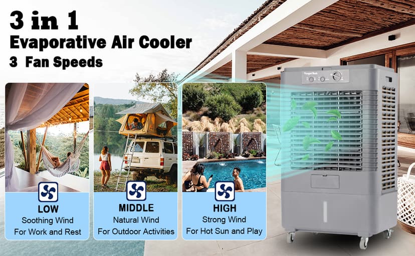 37" Evaporative Air Cooler 3000 CFM, 8 Gal Water Tank, 3 Speeds, Oscillating Cools up to 720 Sq. ft, Portable Industrial Swamp Water Cooler for Outdoor Commercial Factory - Gray