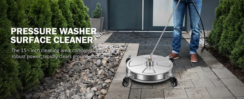 15" Pressure Washer Surface Cleaner with 4 Wheels - Stainless Steel Surface Cleaner for Pressure Washer Attachment for Concrete, Patio, Sidewalk, Deck, Driveways and Daily Washing - PWS 15