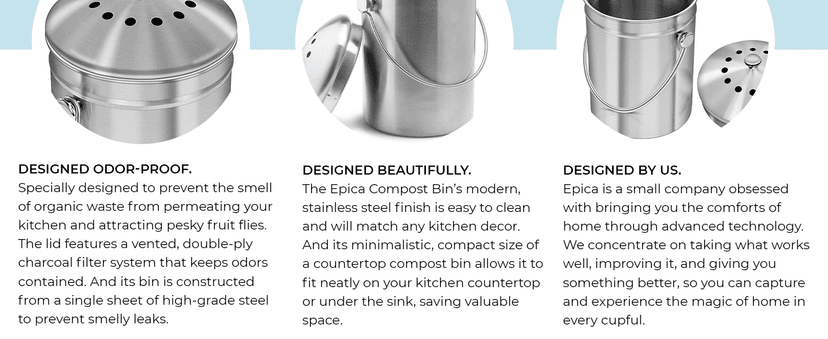 EPICA Countertop Compost Bin Kitchen | 1.3 Gallon | Odorless Composting Bin with Carbon Filters | Indoor Compost Bin with Lid | Stainless Steel Kitchen Composter for Food Scraps & Waste Recycling