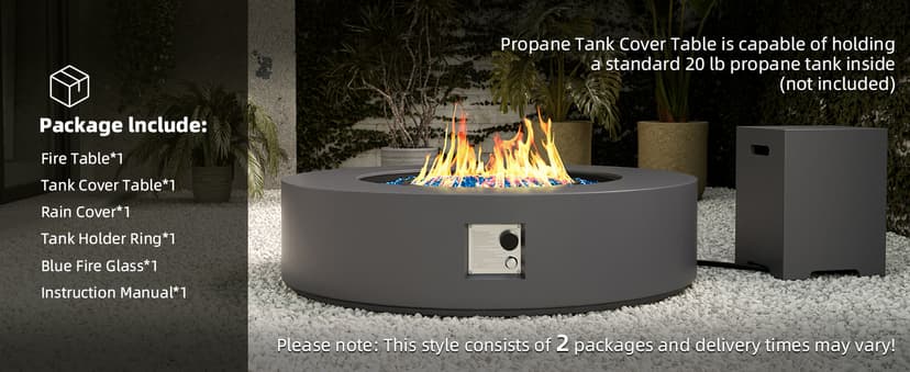 UPHA 42-inch Outdoor Propane Gas Fire Pit Table 50000 BTU Concrete Round FirePit for Outside Patio with Propane Tank Cover, Blue Glass Rocks, Rain Cover, Grey