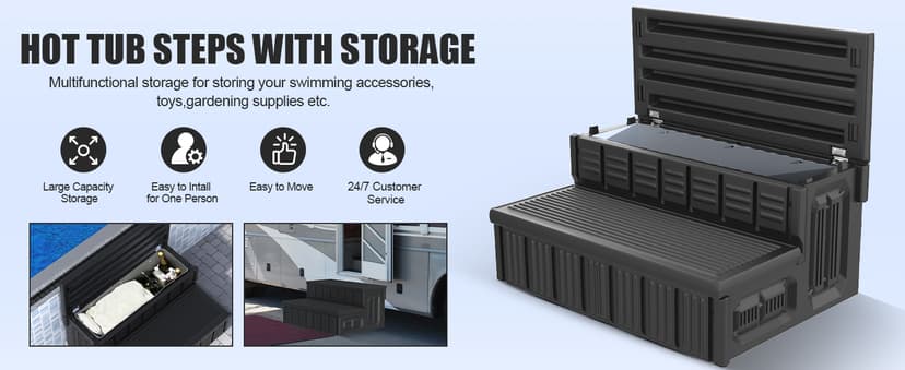 Hot Tub Steps, Outdoor Spa Steps with Storage, Non-Slip & Sturdy Hot Tub Stairs, 36 Inches Long, Black