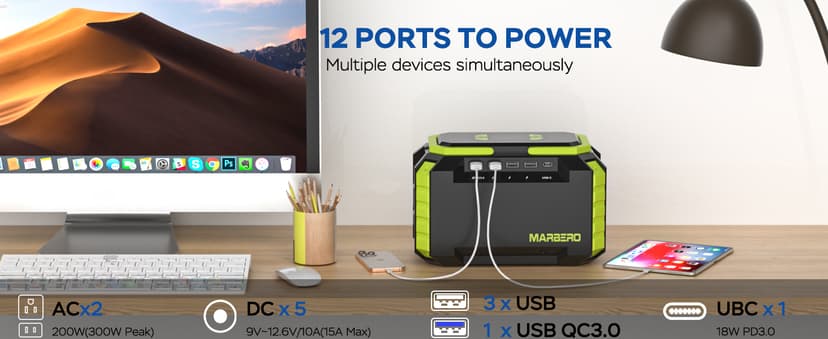MARBERO 200W Solar Generator 222Wh Portable Power Station with Solar Panel 40W Included 60000mAh Power Supply with AC Outlet 100V 300W Max for Camping Emergency Home Backup