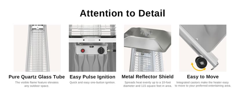 EAST OAK Pyramid Patio Heater, 48,000 BTU Outdoor Patio Heater All Stainless Steel, Quartz Glass Tube Propane Heater, Triple Protection System, With Wheels, Outdoor Heater for Commercial & Residential