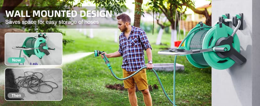 Portable Garden Hose Reel Cart, Hold Up to 50-75 Ft Hose, Wall Mounted Water Hose Reel, Mobile Garden Hose Holder Tools With Built-In Guide, for Outside Car Washing, Watering