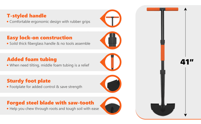 Manual Edger Lawn Tool, 41-inch Lawn Edger with Saw Tooth Blade, Half Moon Hand Edger with Metal Shaft, T-Grip Handle, Heavy Duty Garden Edger Tool for Sidewalk, Grass, Yard, Landscape
