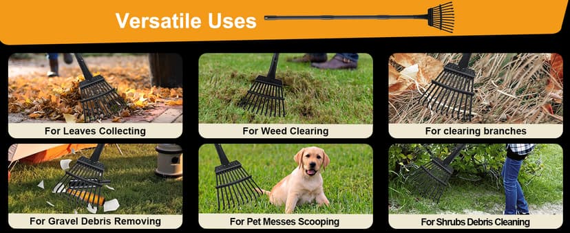 Small Garden Rake for Leaves,11 Tines Heavy Duty Metal Yard Hand Rake with 63in Long Adjustable Handle, Ideal Leaf Scoops Garden Tool for Gathering Leaves, Shrub,Poop, Leveling Grass,Flower Beds,Yards