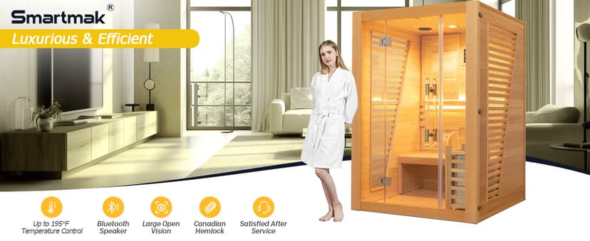 Smartmak Wood Home Steam Sauna, 3 Person Canadian Hemlock Traditional Luxurious Wooden Indoor Spa Room, with 3.5 kw Heater, Bluetooth Speaker, Rocks, Water Bucket, Spoon, Hygrothermograph, Lights