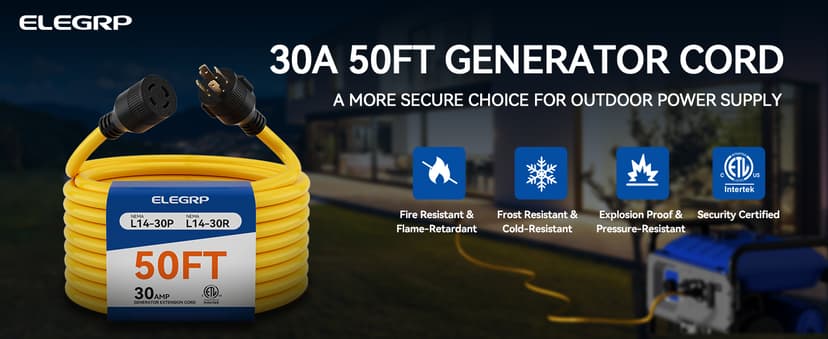 ELEGRP 30 Amp Generator Extension Cord 50 Feet, 4-Prong NEMA L14-30P to L14-30R, 120/250V Up to 75000W, 10 Gauge Heavy Duty SJTW Locking Power Cord for Portable Generators, Home Backup, ETL Listed