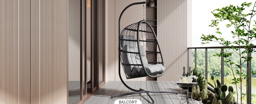 HWB Hanging Egg Chair with Stand, Patio Wicker Hammock Egg Swing Chair with Cushion for Bedroom Garden Indoor Outdoor (Grey)