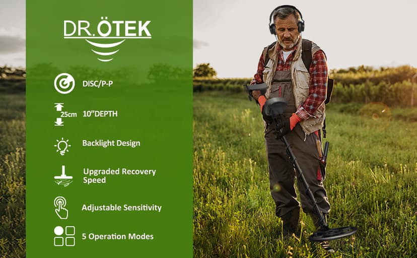 DR.ÖTEK Metal Detector for Adults Professional, Gold Metal Detector, Pinpoint & Exclusive Memory Mode, Higher Accuracy, IP68 Waterproof Coil, Bigger Backlit LCD Display, New Advanced DSP Chip, Green