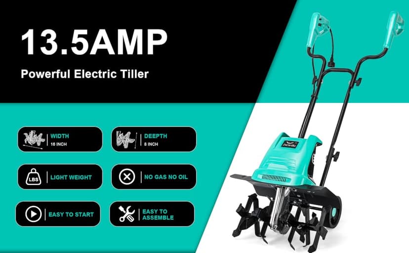 Tiller 13.5AMP Rototiller for Garden Corded Electric Tiller Garden Electric Cultivator 8Inch Depth 16Inch Width Tiller for Garden Yard