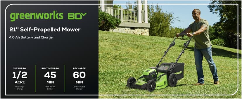 Greenworks 80V 21" Brushless Cordless (Self-Propelled) Lawn Mower (75+ Compatible Tools), 4.0Ah Battery and 60 Minute Rapid Charger Included