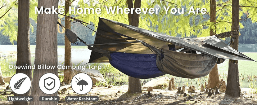 onewind 12×10 ft Hammock Tarp, Ultralight Tarp Silnylon Hammock Rain Fly Lightweight Waterproof Camping Tent Tarp with Doors, Easy to Setup with Stuff Sack, Tent Stakes, OD Green