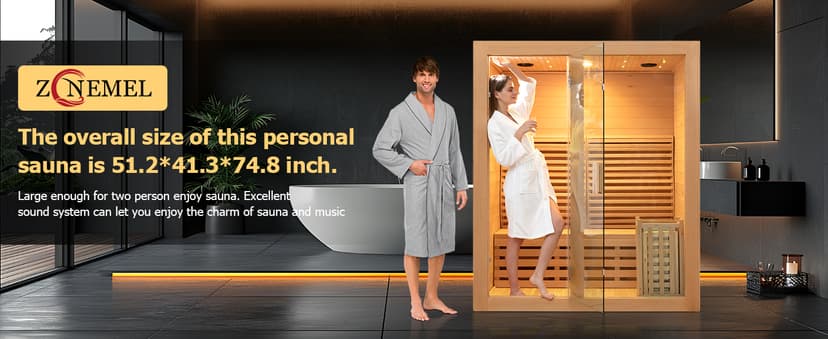 ZONEMEL Wooden Steam Sauna Room, 2 Person Canadian Hemlock Luxurious Indoor Sauna with 3.5 KW Harvia Stove Heater, Bluetooth Speaker, Sauna Stone, Wooden Bucket, Scoop, Reading Light, Hourglass