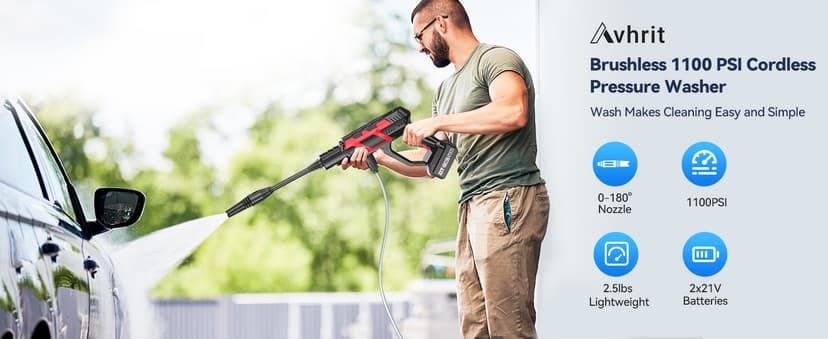 Cordless Pressure Washer - 1100 PSI BRUSHLESS Portable Cleaner with 2X 4.0Ah Batteries,3 Faucet Adapters,Garden Hose Connector,2 Adjustable Modes with 0-180° Nozzle,Car Washing Gun/Patios/Boats