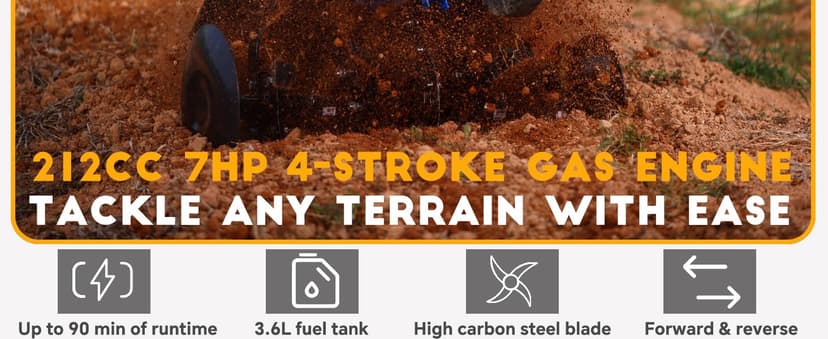 Rear Tine Tiller– 7HP 212CC 4-Cycle Gas Engine, 22" Adjustable Width, Heavy Duty High Carbon Steel Tines, Instant Reverse, Tiller for Gardening, New Ground Breaking & Deep Soil Cultivation