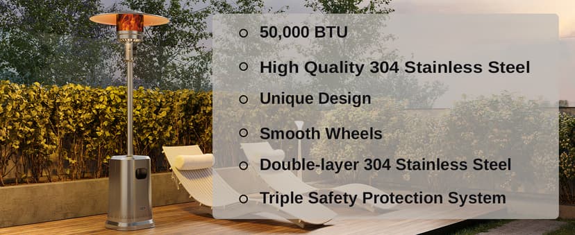 EAST OAK 50,000 BTU Patio Heater with Sand Box, Double-Layer Stainless Steel Burner, Table Design, Safety Protection System, Wheels, Propane Patio Heater for Home and Commercial, Stainless Steel