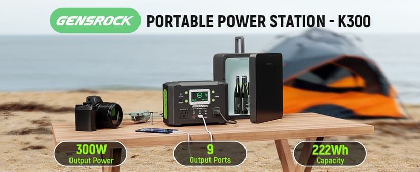 GENSROCK Portable Power Station, 110V/300W Pure Sine Wave Solar Generator, 222Wh Backup Lithium Battery With AC Outlet/QC 3.0/Type-C/LED Light for CPAP Family Emergency Outdoor Camping RV Travel.