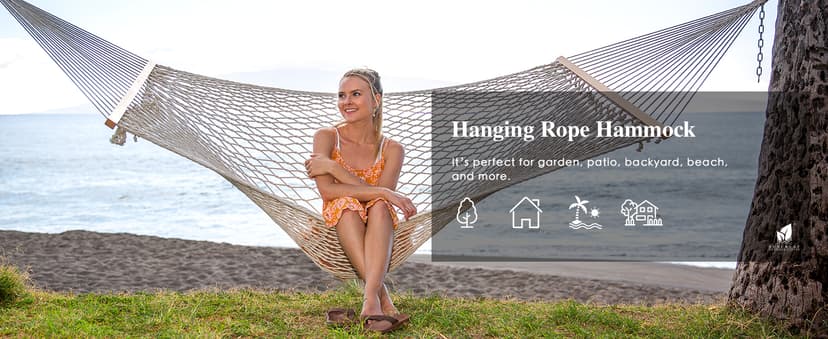 SUNCREAT Hammocks Traditional Rope Double Hammock with Hardwood Spreader Bar and Carrying Bag, 450 lbs Capacity, Natural