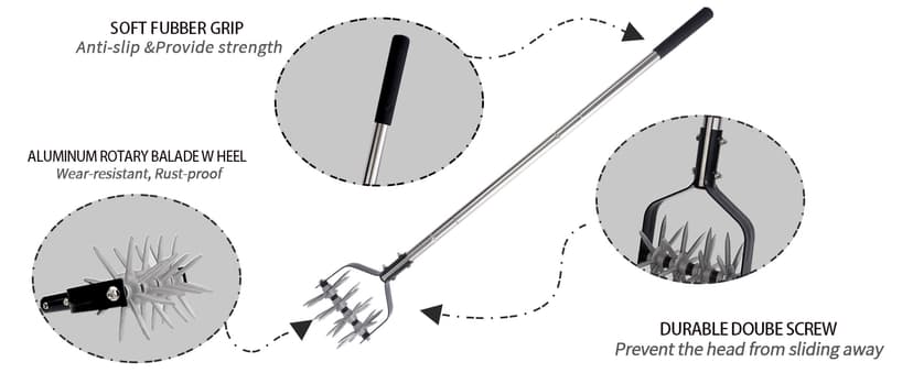 Rotary Garden Tool, Adjustable Hand Tiller, Long Handle Cultivator for Aerating, Weeding, Planting and Mixing Soil or Reseeding Grass