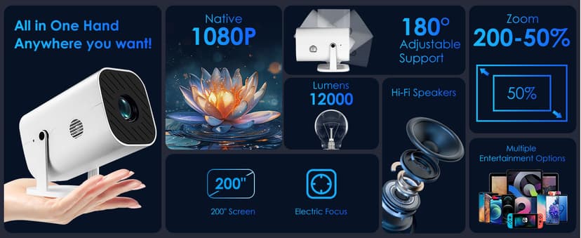 Mini Projector | 4K Support 200" Giant Screen | 500 ANSI Lumens, Bluetooth 5.2 | Portable Outdoor Movie Projector Compatible with TV Stick/Phone/HDMI/PC | Built-in HiFi Speaker