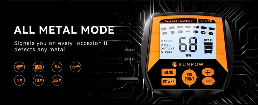 SUNPOW Metal Detector for Adults, Professional Waterproof High Accuracy Metal Detector, 10'' Detection Depth, Pinpoint & Disc & Notch & All Metal & Volume Modes, Strong Anti-Interference-GC-1083