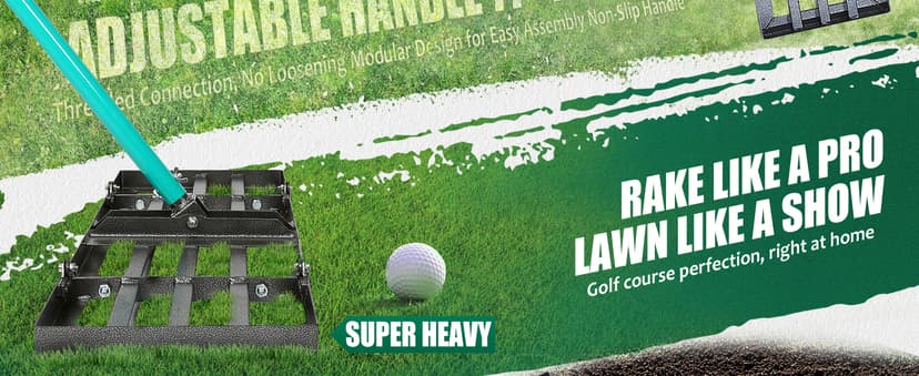 Breeze Touch Lawn Leveling Rake 30x10 Weighted & Collapsible Plate, Heavy Duty Yard Leveler Rake with 77" Adjustable Stainless Steel Handle, Lawn Tools for Gardening, Golf Course, Farm, Pasture