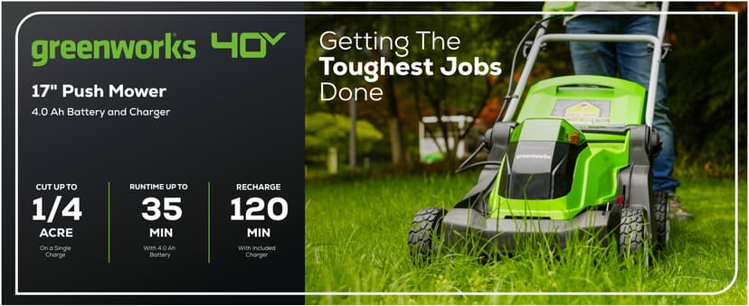 Greenworks 40V 17" Cordless (Push) Lawn Mower (75+ Compatible Tools), 4.0Ah Battery and Charger Included