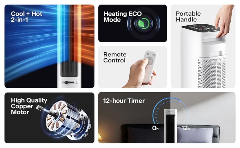 PELONIS Oscillating Tower Fan and Heater Combo with Remote Control - Heater Fan Combo for Indoor Use – 3 Fan and 2Heater Speeds, 12-HR Timer, ECO Mode, Tip Over and Overheat Protection, White