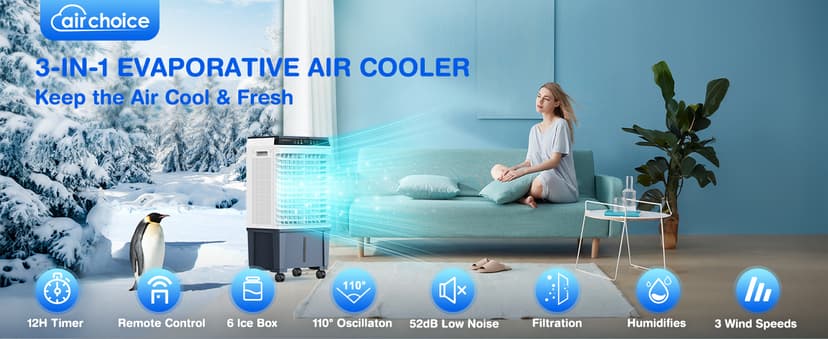 Air Choice Portable Evaporative Air Cooler, 1800 CFM Swamp Cooler with 6 Ice Box & 5.3 Gal Water Tank, 110° Swing, 3 Speeds, Upgraded Remote, 12H Timer, 3-in-1 Air Cooling Fan for Outdoor Indoor, Gray