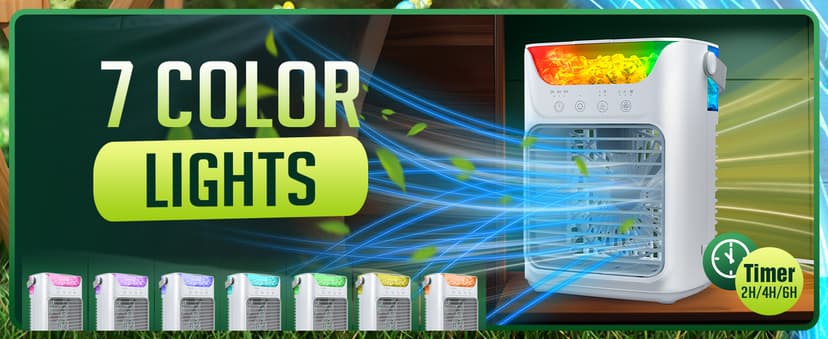 Portable Air Conditioners, 3 Wind Speeds & 7 LED Lights Evaporative Personal Air Cooler, 4 in 1 Portable AC with 650 mL Large Water Tank, Mini Air Conditioner for Bedroom/Car/Home/Camping/Room