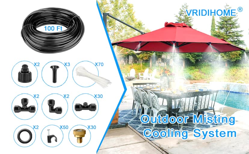 Misting Systems, Misters for Outside Patio, 100FT Misting Cooling System+30 Brass Mister System+2 PE Antioxidant Adapters 3/4"+2 Tee Adapters+2 90 Degree Elbows for Pasture, Garden, Greenhouse, Gazebo