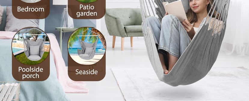 Y- Stop Hammock Chair Hanging Rope Swing Chair, Max 500 Lbs, 2 Seat Cushions Included, Removable Steel Spreader Bar with Anti-Slip Rings, Hardware kit-for Indoor or Outdoor(Light Grey)
