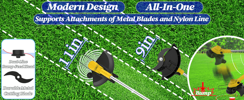 Brushless Motor Metal Blade & Dual-Line Bump-Feed Cordless Weed Wacker with Battery and Charger, Edger Lawn Tool, for Petite Yards and Residential Lawns