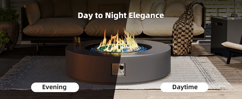 UPHA 42-inch Outdoor Propane Gas Fire Pit Table 50000 BTU Concrete Round FirePit for Outside Patio with Propane Tank Cover, Blue Glass Rocks, Rain Cover, Grey