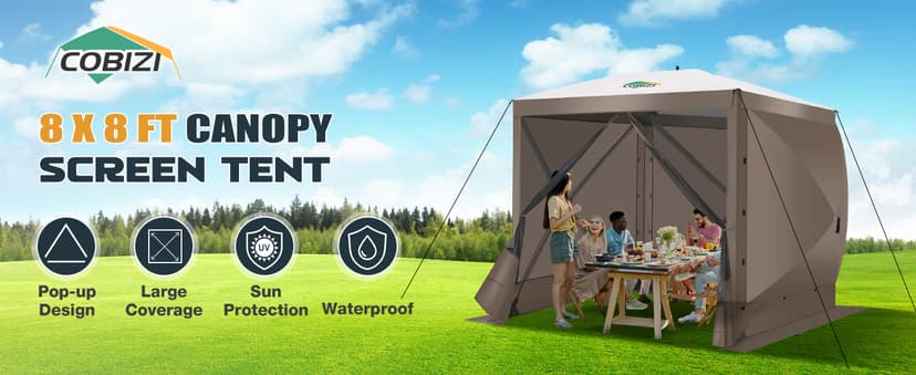 COBIZI Pop Up Gazebo Screen Tent Screen House for Camping, 8FTx8FT Screen Room with Sidewalls and Mosquito Netting, Hub Tent Instant Screened Canopy with Carrying Bag and Ground Stakes, Brown
