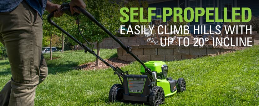 Greenworks 48V (2 x 24V) 21" Brushless Cordless (Self-Propelled) Lawn Mower (LED Headlight), (2) 5.0Ah Batteries and Dual Port Rapid Charger Included (125+ Compatible Tools)