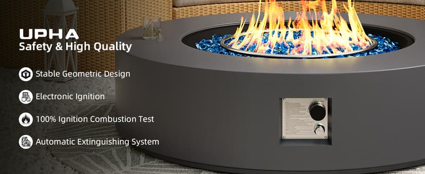 UPHA 42-inch Outdoor Propane Gas Fire Pit Table 50000 BTU Concrete Round FirePit for Outside Patio with Propane Tank Cover, Blue Glass Rocks, Rain Cover, Grey